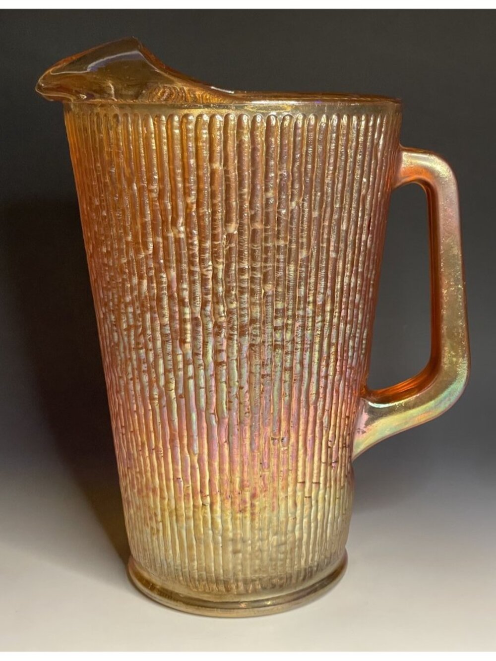 Antique 1930s Orange Iridescent Glass Jeanette Tree Bark Marigold Pitcher
